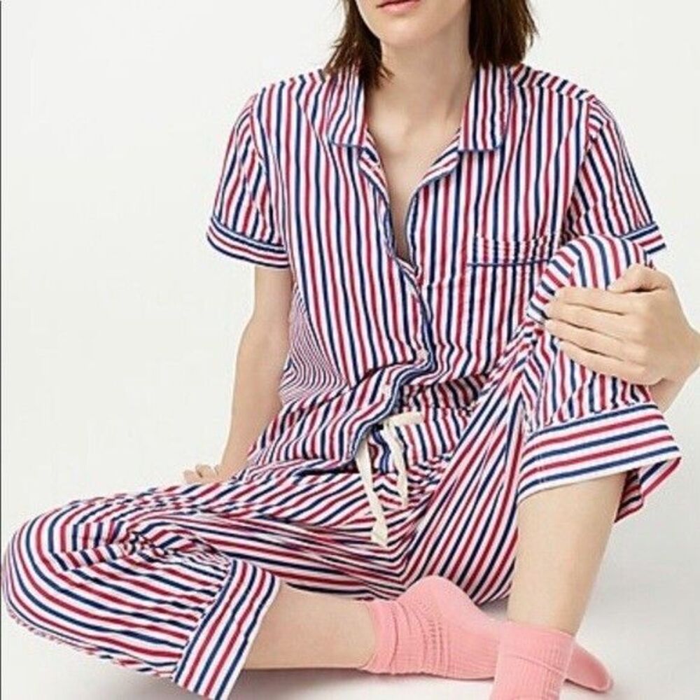 J Crew Pajama Set Size XS Cotton Striped Capri Short Sleeve Button Down Collared